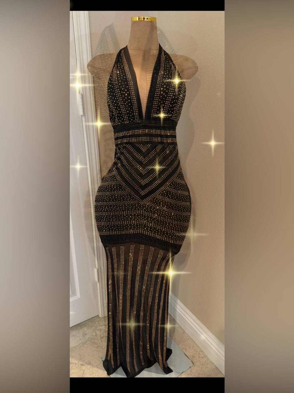 Black and Gold Beaded Halter Evening Gown Sheer Mesh Sparkly Rhinestone